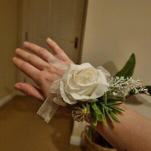 White rose corsage wedding guest